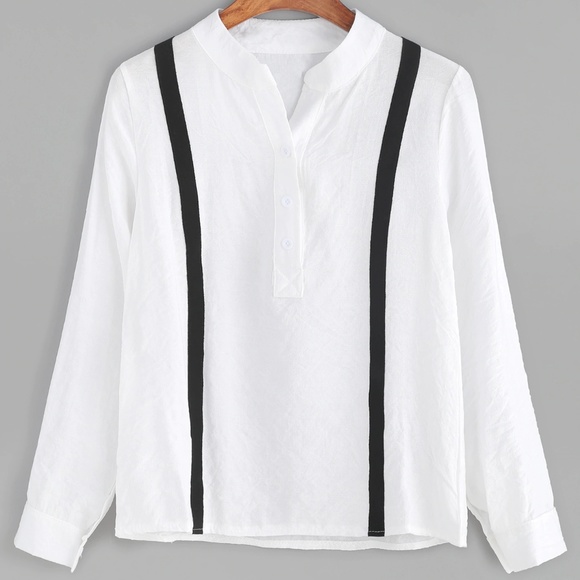 WHITE CONTRAST STRIPED TRIM BLOUSE - Picture 1 of 4